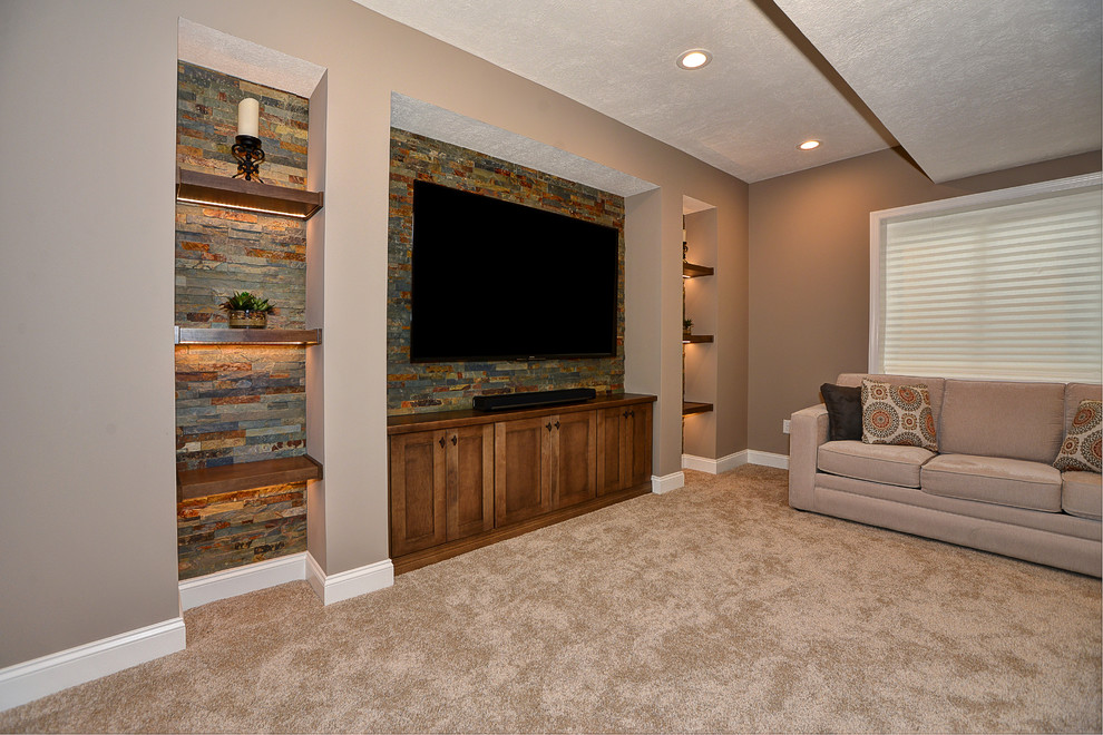 Medium sized traditional basement in Other with beige walls and carpet.