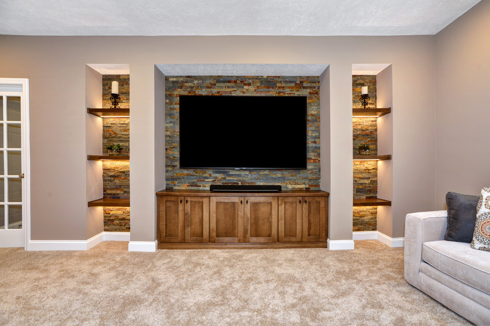 Inspiration for a medium sized classic basement in Other with beige walls, carpet and beige floors.