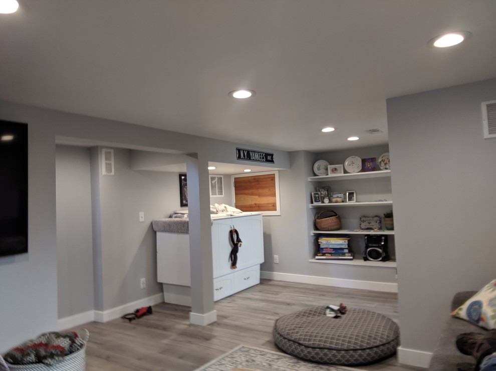 Mittelgroßes Modernes Untergeschoss mit grauer Wandfarbe, Vinylboden und braunem Boden in Sonstige