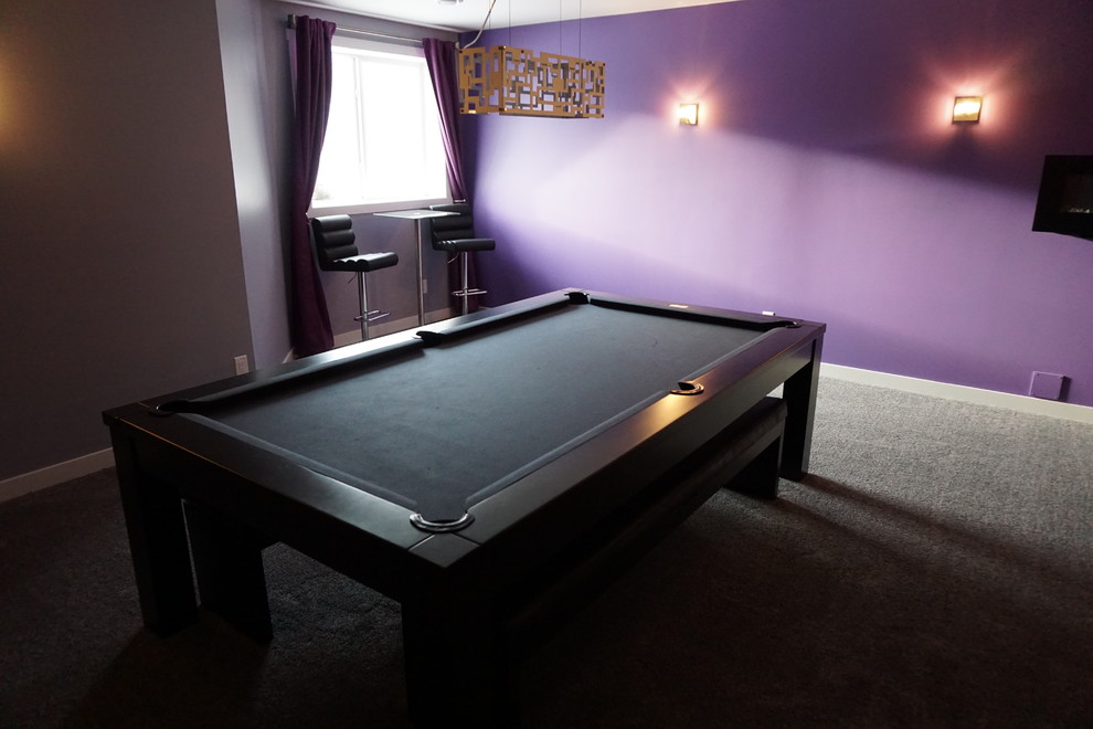 Inspiration for a large modern carpeted basement remodel in Calgary with purple walls