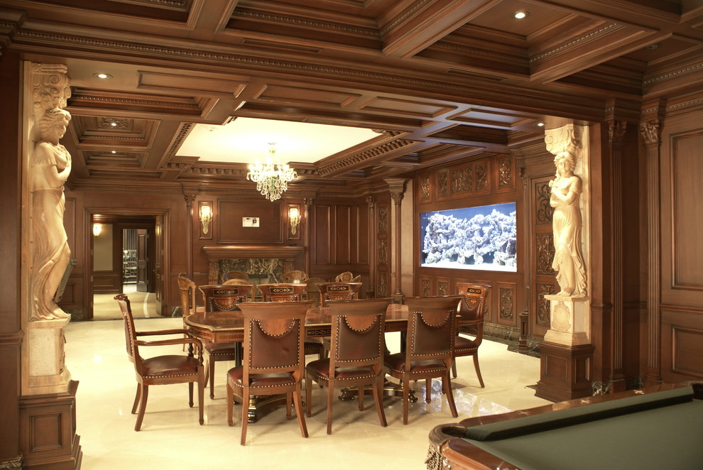 Photo of a large traditional fully buried basement in New York with brown walls, porcelain flooring, a standard fireplace, a wooden fireplace surround and white floors.