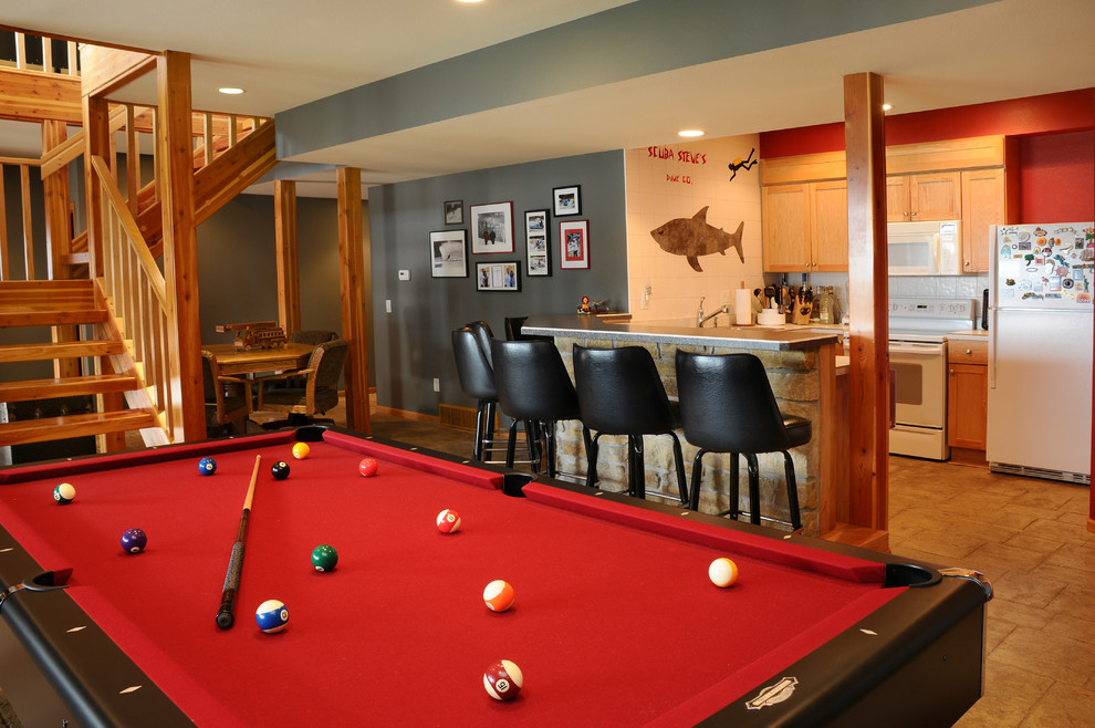 This is an example of a traditional games room in Other with grey walls, no fireplace and travertine flooring.