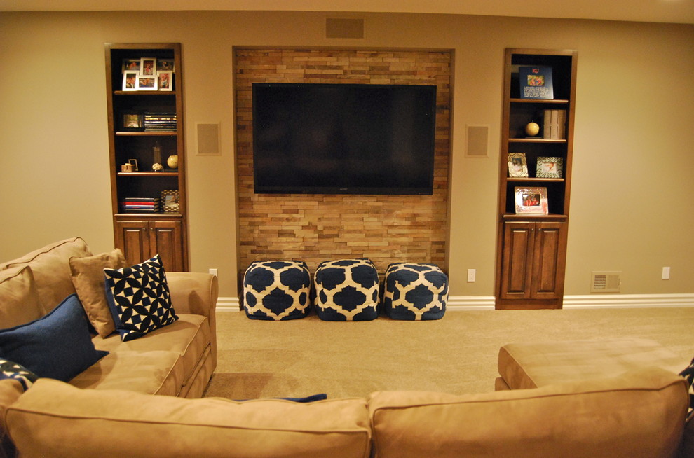Inspiration for a mid-sized transitional look-out carpeted basement remodel in Kansas City with beige walls and no fireplace