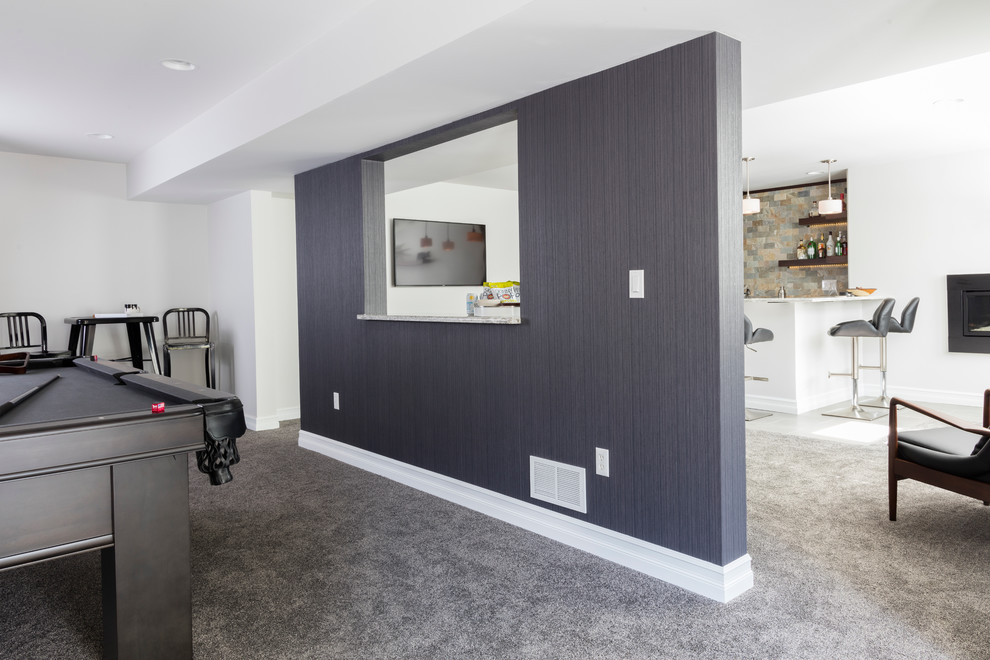 Trendy walk-out porcelain tile basement photo in New York with white walls