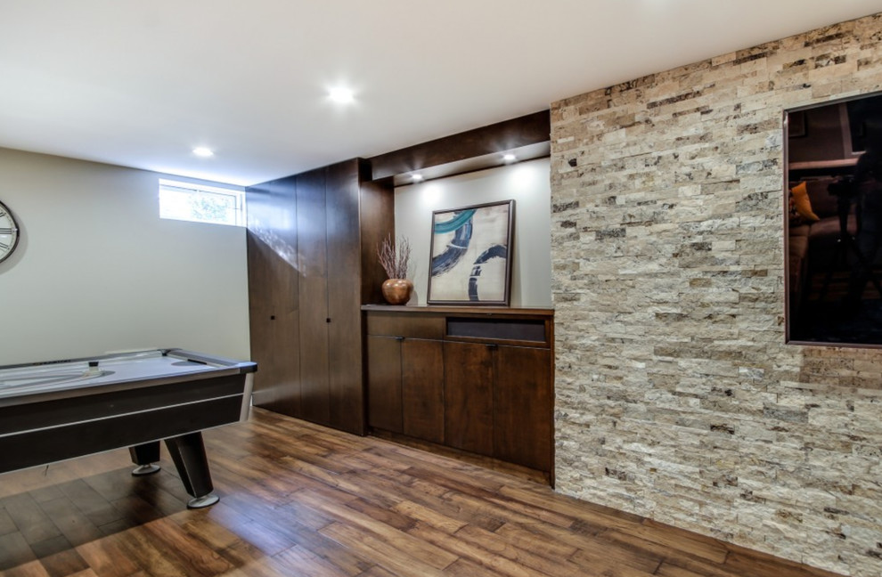Inspiration for a large craftsman underground basement remodel in New York