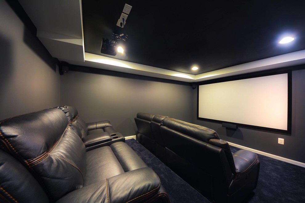Inspiration pour une salle de cinéma minimaliste de taille moyenne et fermée avec un mur noir, moquette, un écran de projection et un sol bleu.