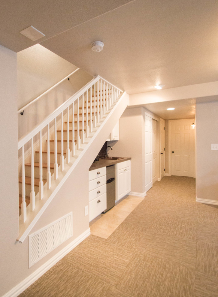 Example of a small classic underground carpeted basement design in Denver with brown walls and no fireplace
