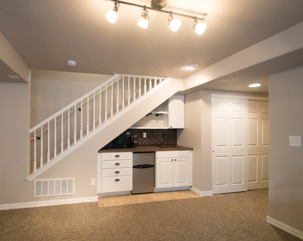 This is an example of a small traditional fully buried basement in Denver with brown walls, carpet and no fireplace.