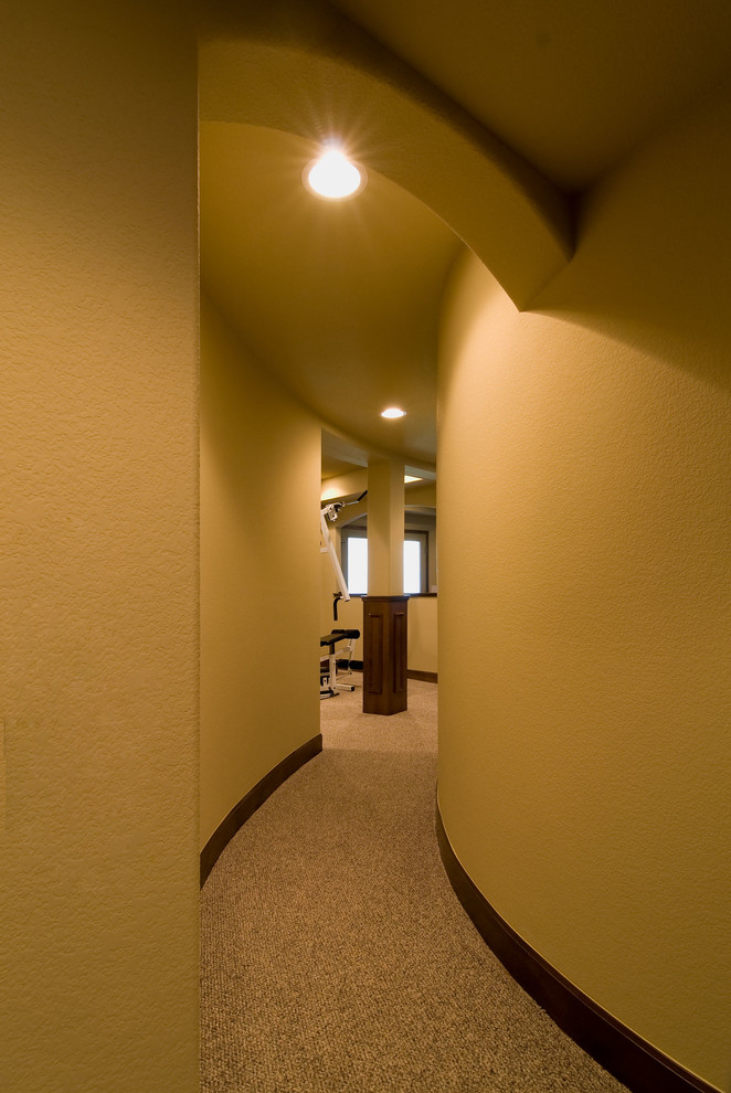 Стильный дизайн: большой подвал в классическом стиле с выходом наружу, белыми стенами, ковровым покрытием и коричневым полом без камина - последний тренд
