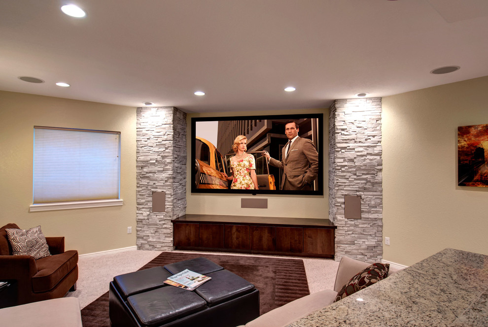 Example of a large transitional look-out carpeted and beige floor basement design in Denver with beige walls and no fireplace