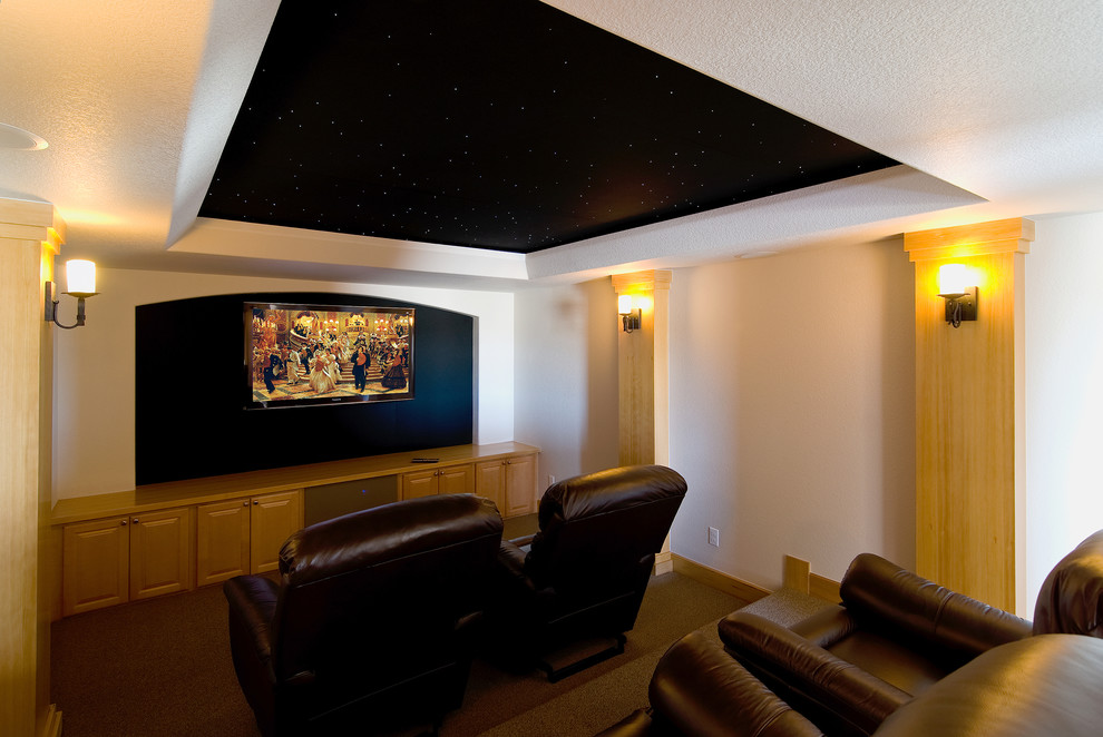 Home theater - large transitional carpeted and brown floor home theater idea in Denver with white walls