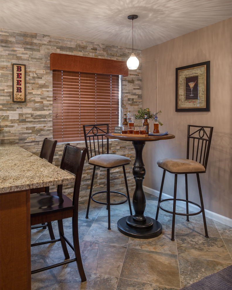 Example of a large transitional look-out porcelain tile basement design in St Louis with beige walls