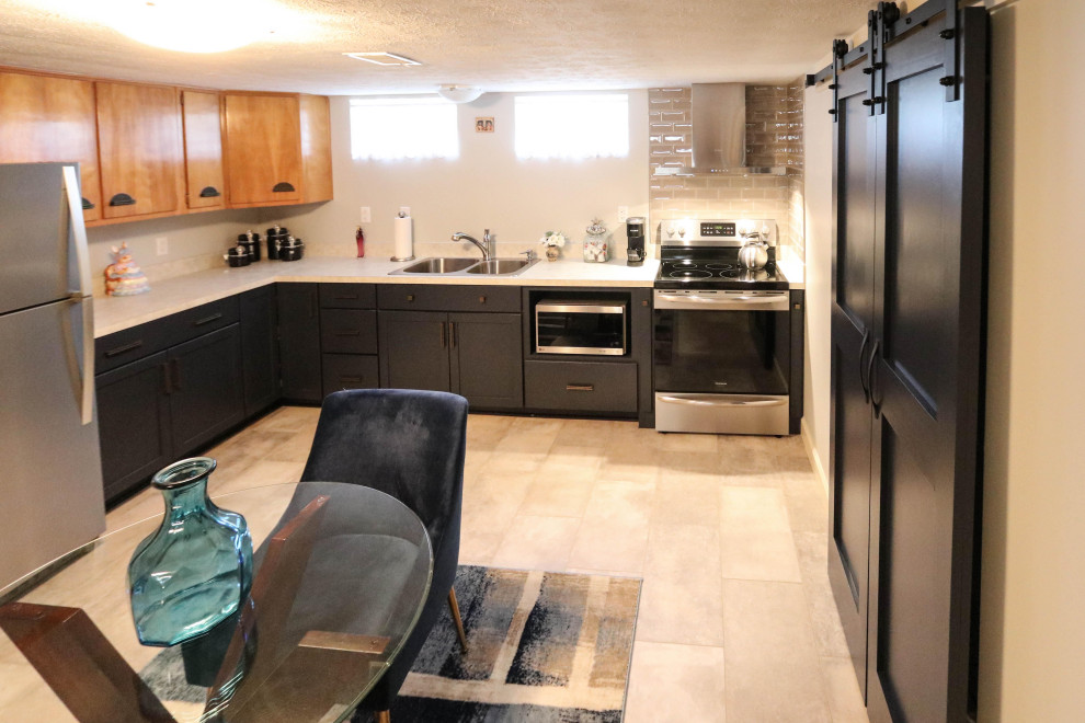 Basement Kitchen with Medallion Blue with matching Barn Door