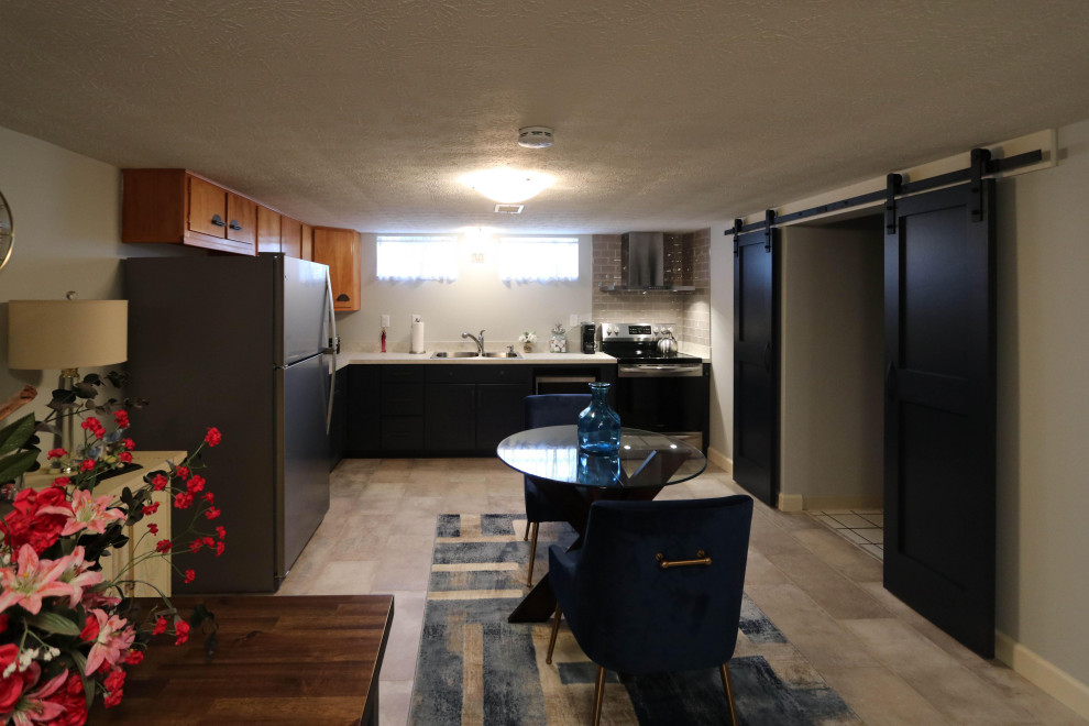 Basement Kitchen with Medallion Blue with matching Barn Door