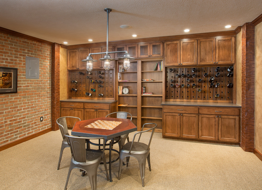 Inspiration for a large eclectic underground carpeted basement remodel in Columbus with beige walls