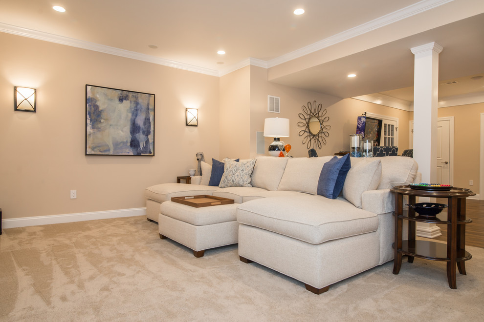Design ideas for a classic walk-out basement in DC Metro with beige walls, carpet, no fireplace and beige floors.