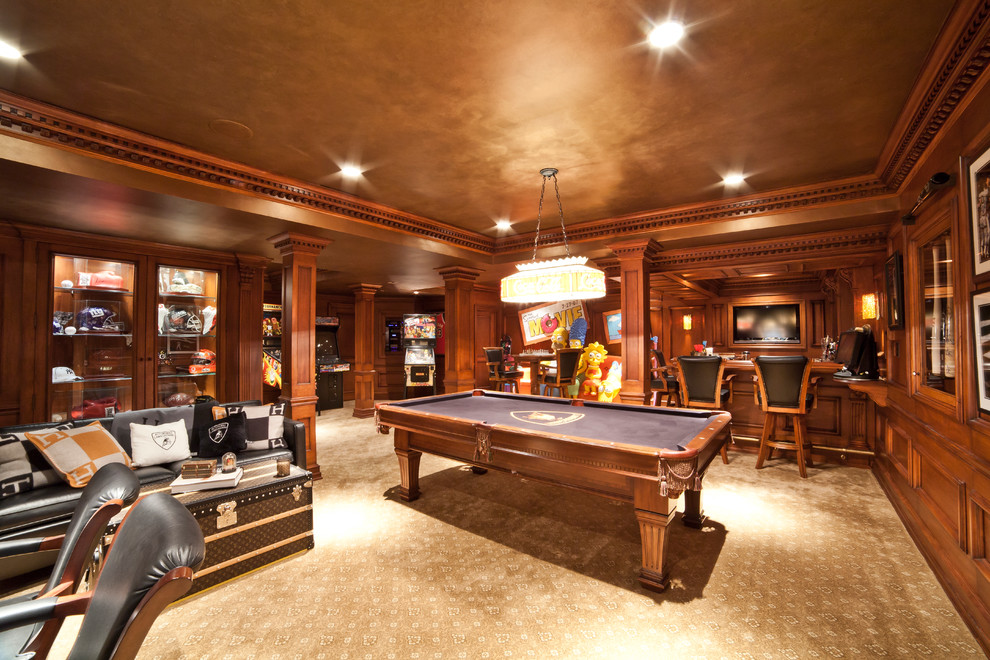 Inspiration for a large timeless underground carpeted basement remodel in New York with brown walls and no fireplace