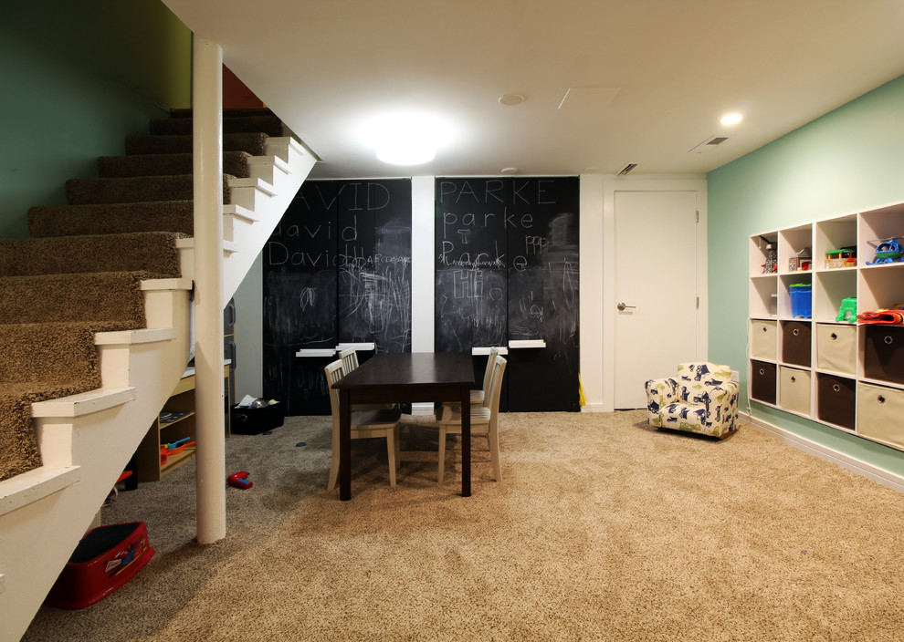 This is an example of a small modern basement in Chicago.