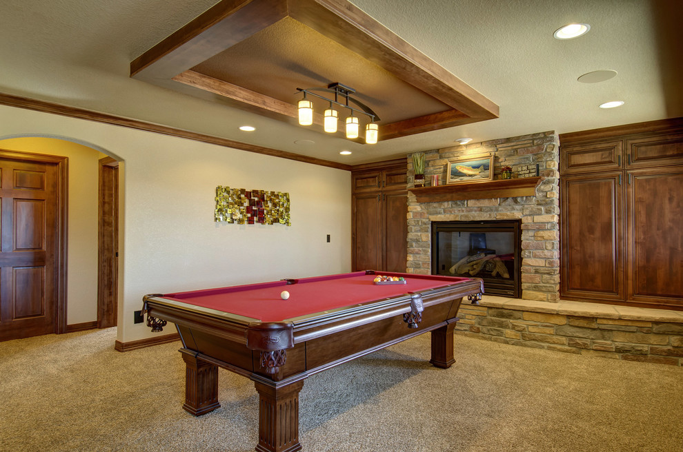 Example of a mid-sized classic look-out carpeted and gray floor basement design in Denver with beige walls and no fireplace