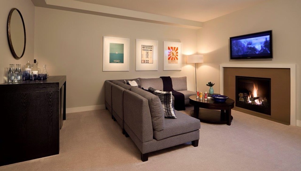 Mid-sized transitional underground carpeted basement photo in Vancouver with gray walls and a standard fireplace