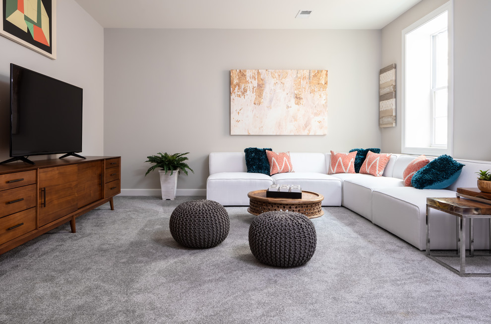 Immagine di un soggiorno tradizionale di medie dimensioni con pareti grigie, moquette, pavimento grigio e nessun camino