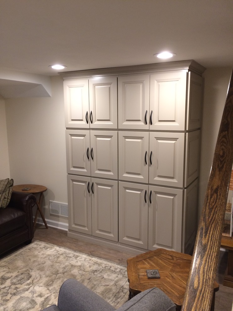 Basement - mid-sized contemporary look-out medium tone wood floor basement idea in Other with beige walls