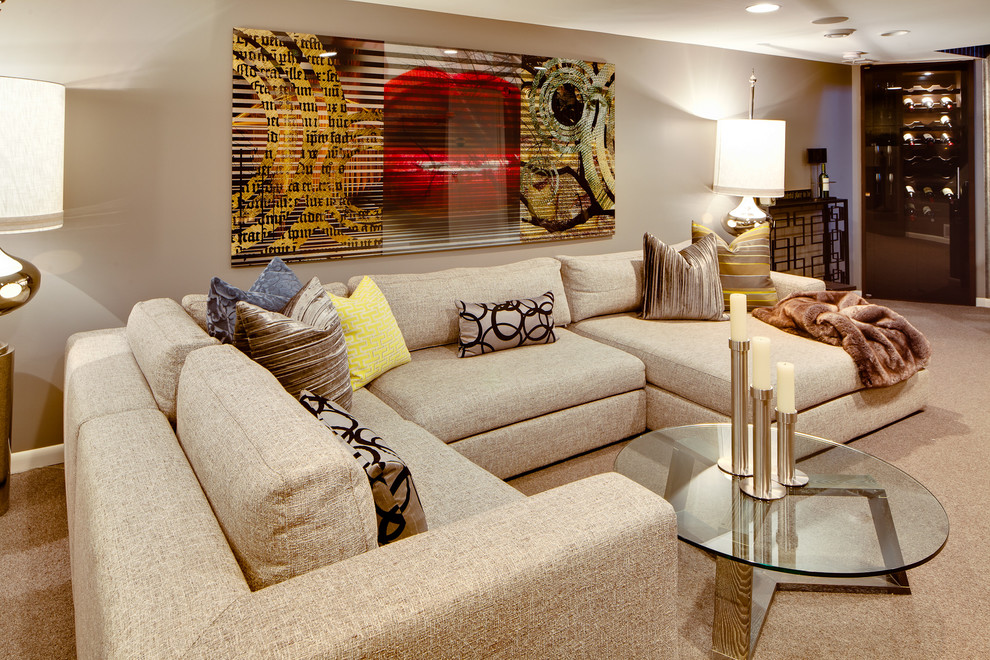 Photo of a contemporary basement in Minneapolis with grey walls, carpet, no fireplace and beige floors.