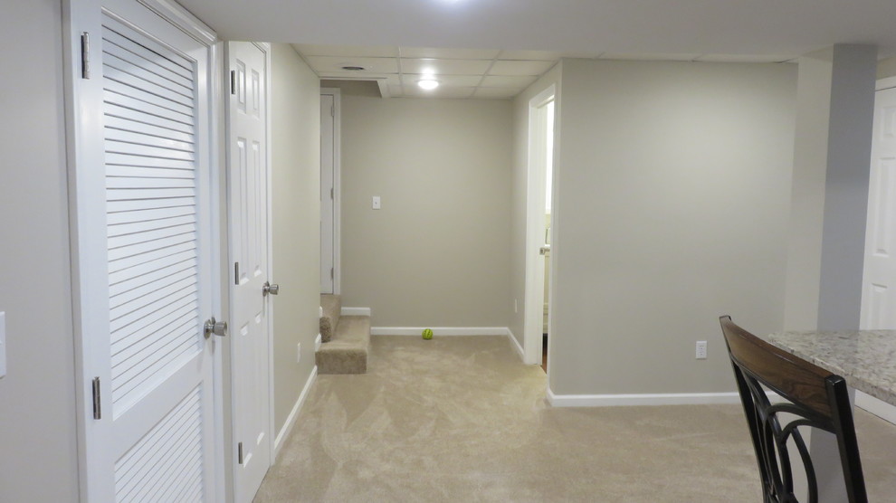 Example of a mid-sized trendy underground carpeted and beige floor basement design with gray walls and no fireplace
