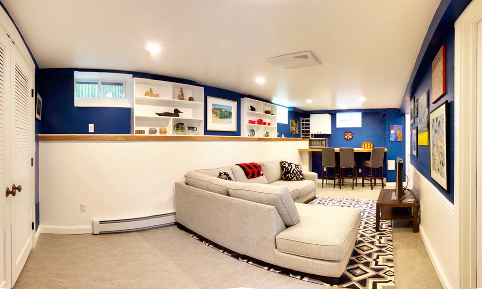 Источник вдохновения для домашнего уюта: подземный подвал среднего размера в классическом стиле с синими стенами, полом из линолеума и серым полом