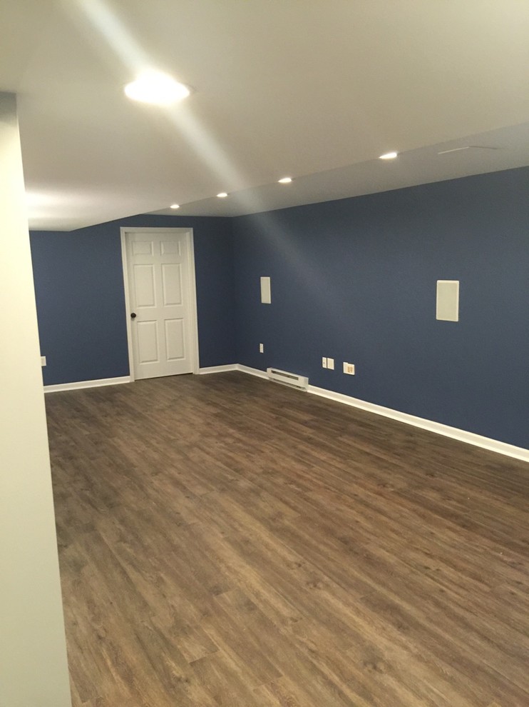 Large modern fully buried basement in Philadelphia with blue walls, medium hardwood flooring and no fireplace.