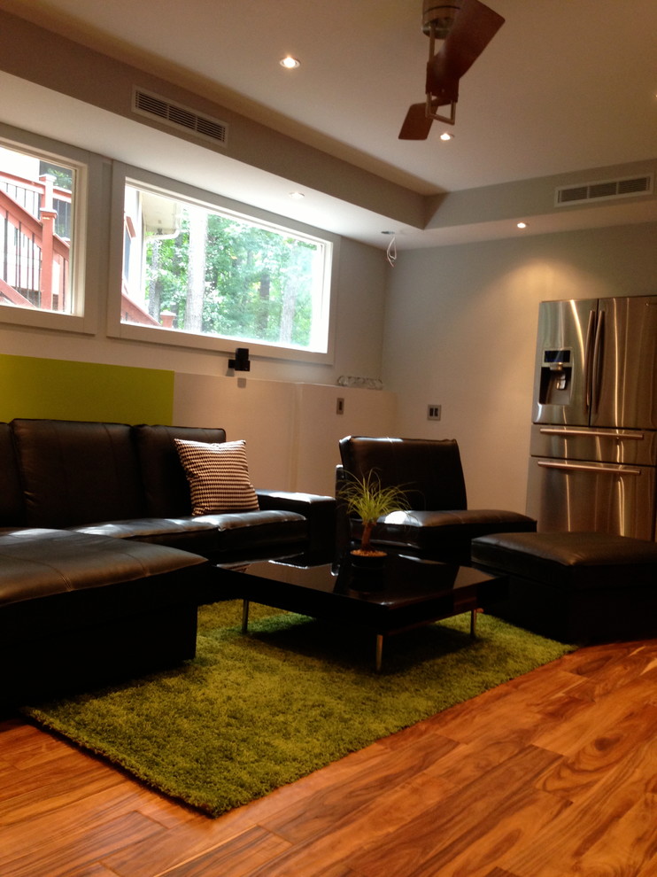 Inspiration for a contemporary basement in Atlanta with green walls, medium hardwood flooring and orange floors.