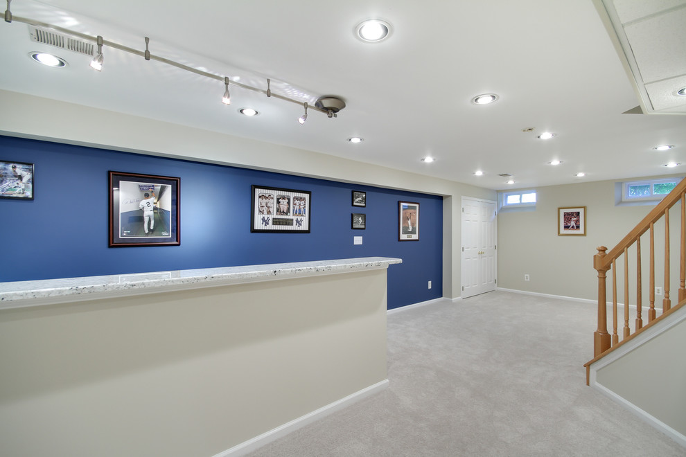 Inspiration for a medium sized classic look-out basement in Philadelphia with beige walls, carpet and no fireplace.