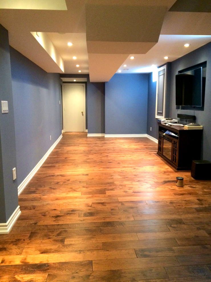 Inspiration for a small timeless underground medium tone wood floor basement remodel in Toronto with blue walls