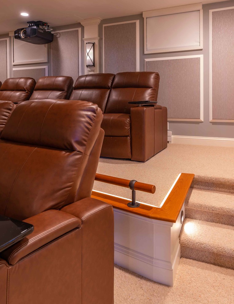 Example of a transitional home theater design in Boston