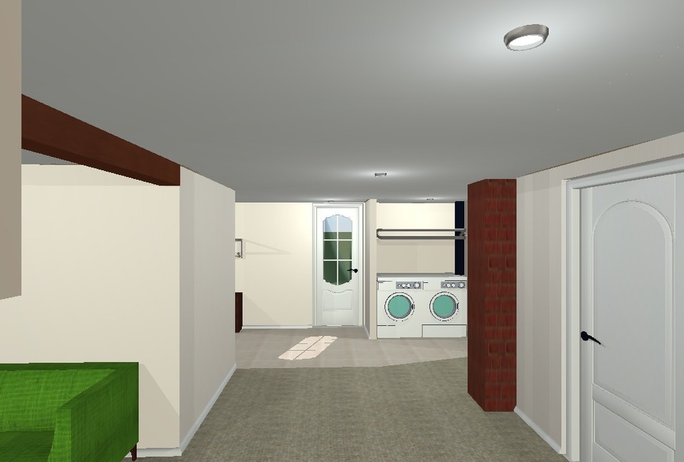 Modern inredning av en mellanstor källare ovan mark, med vita väggar och heltäckningsmatta