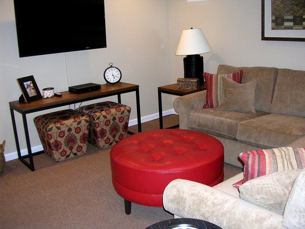 Photo of a small classic look-out basement in Other with beige walls and carpet.