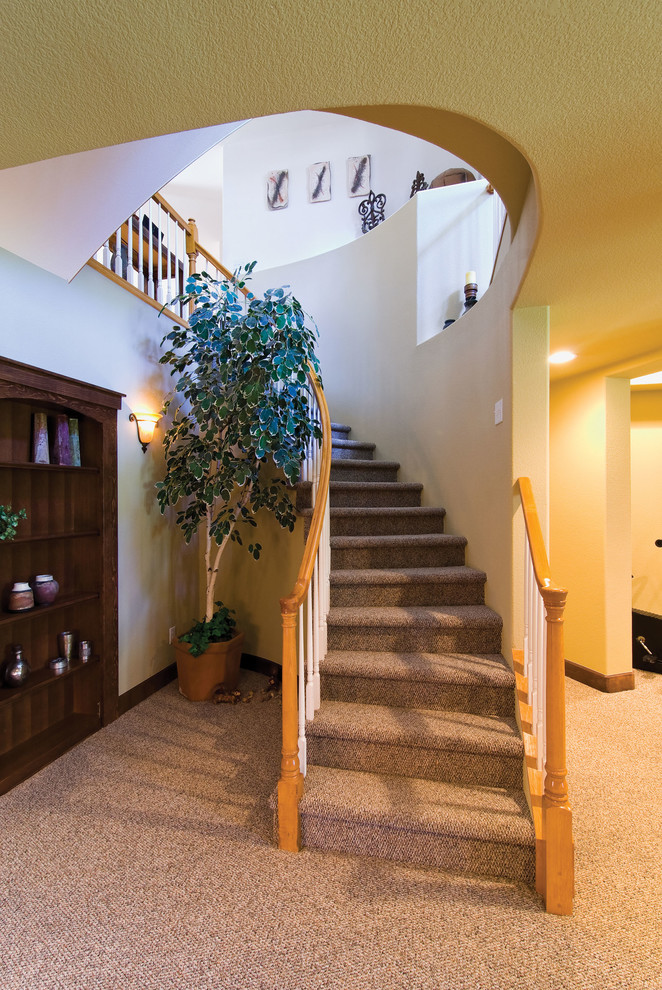 Photo of a large traditional walk-out basement in Denver with white walls, carpet, no fireplace and brown floors.