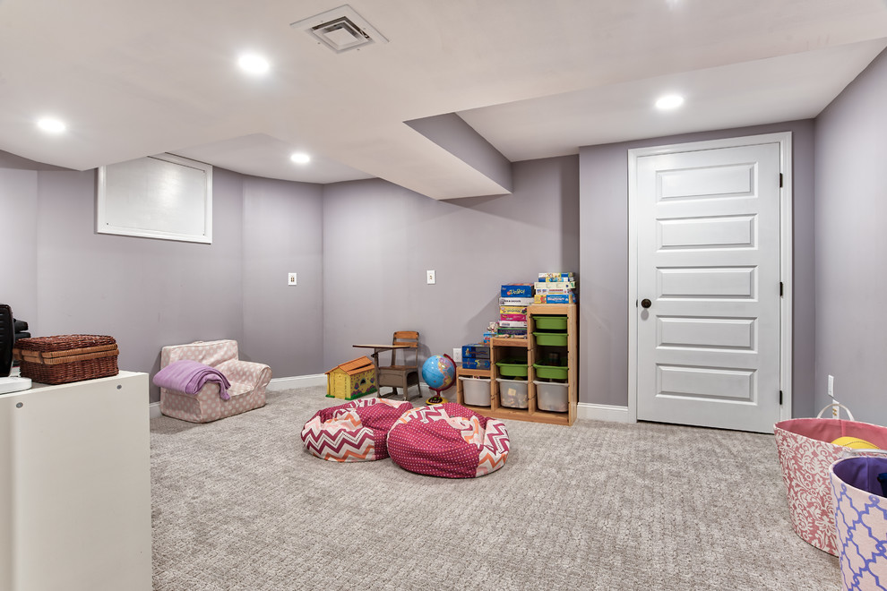 Example of a mid-sized country underground carpeted and gray floor basement design in New York with purple walls