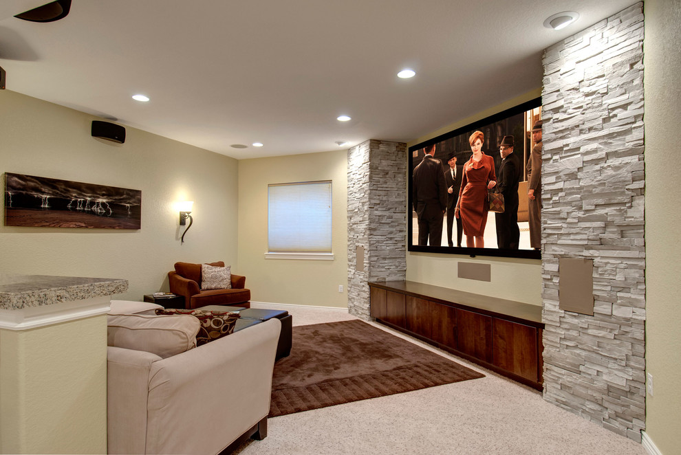 Basement - large transitional look-out carpeted and beige floor basement idea in Denver with beige walls and no fireplace