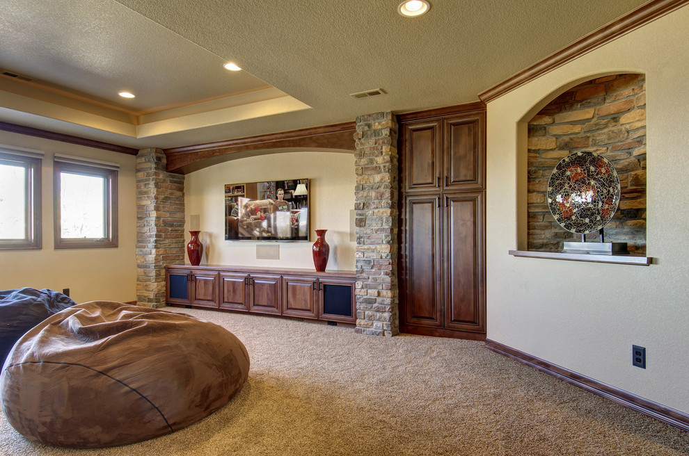 Medium sized classic look-out basement in Denver with beige walls, carpet, no fireplace and grey floors.