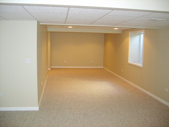 Inspiration for a medium sized traditional look-out basement in Chicago with beige walls, carpet, no fireplace and beige floors.
