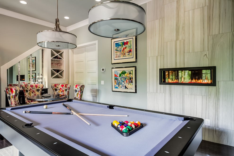 Traditional games room in Nashville with a ribbon fireplace, a tiled fireplace surround and white walls.