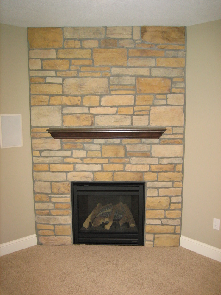 Elegant basement photo in Minneapolis with a corner fireplace and a stone fireplace