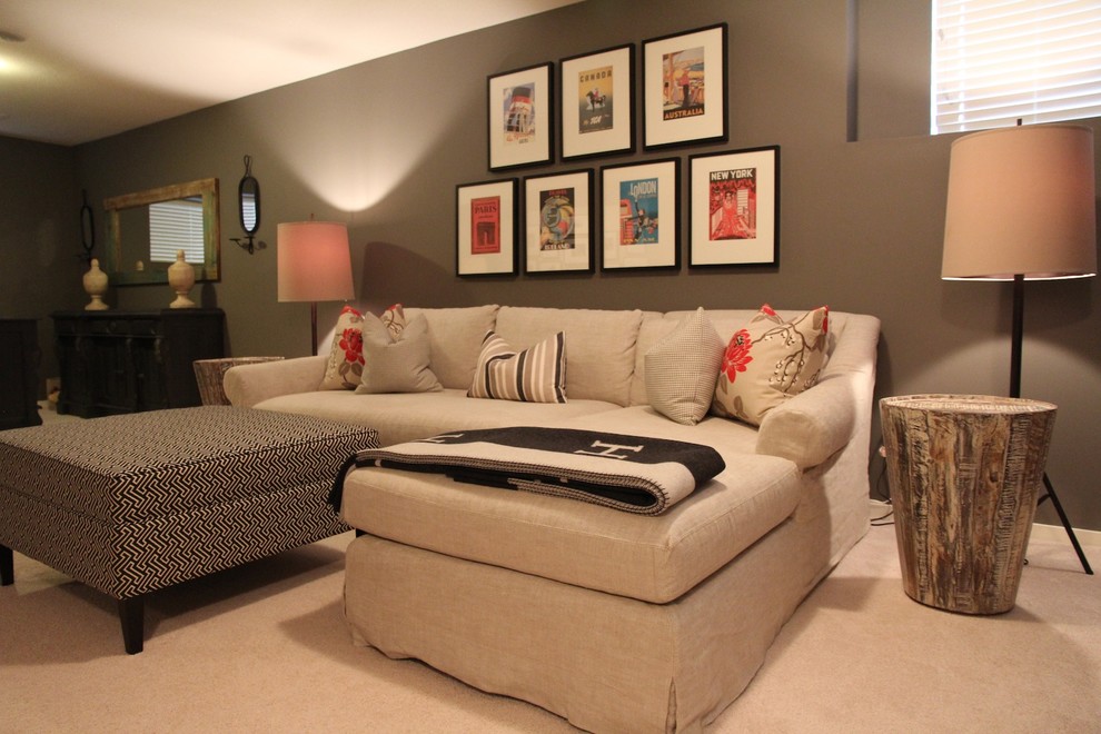 Inspiration for a large contemporary look-out carpeted basement remodel in Vancouver with gray walls