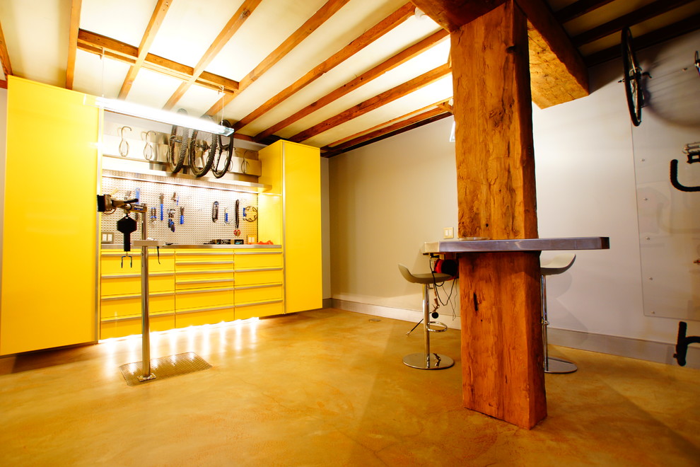 Inspiration for a contemporary basement in San Francisco with yellow floors.