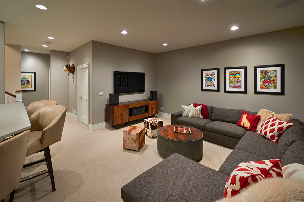 Example of a mid-sized transitional underground carpeted basement design in Denver with gray walls and no fireplace