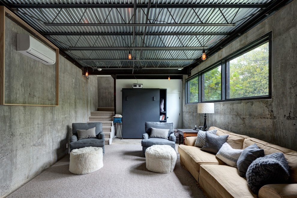 This is an example of a large urban look-out basement in Austin with grey walls, carpet, no fireplace and grey floors.