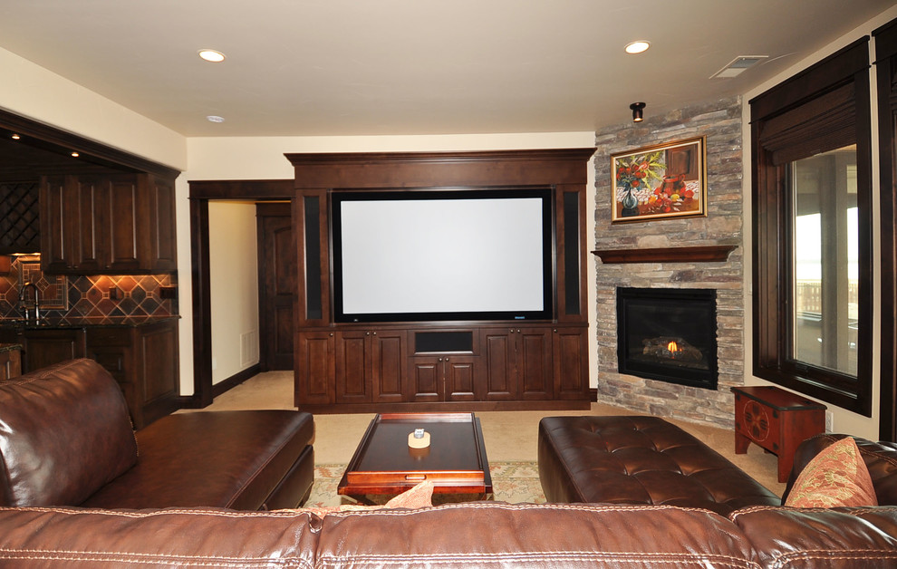 Example of a classic basement design in Denver with a corner fireplace