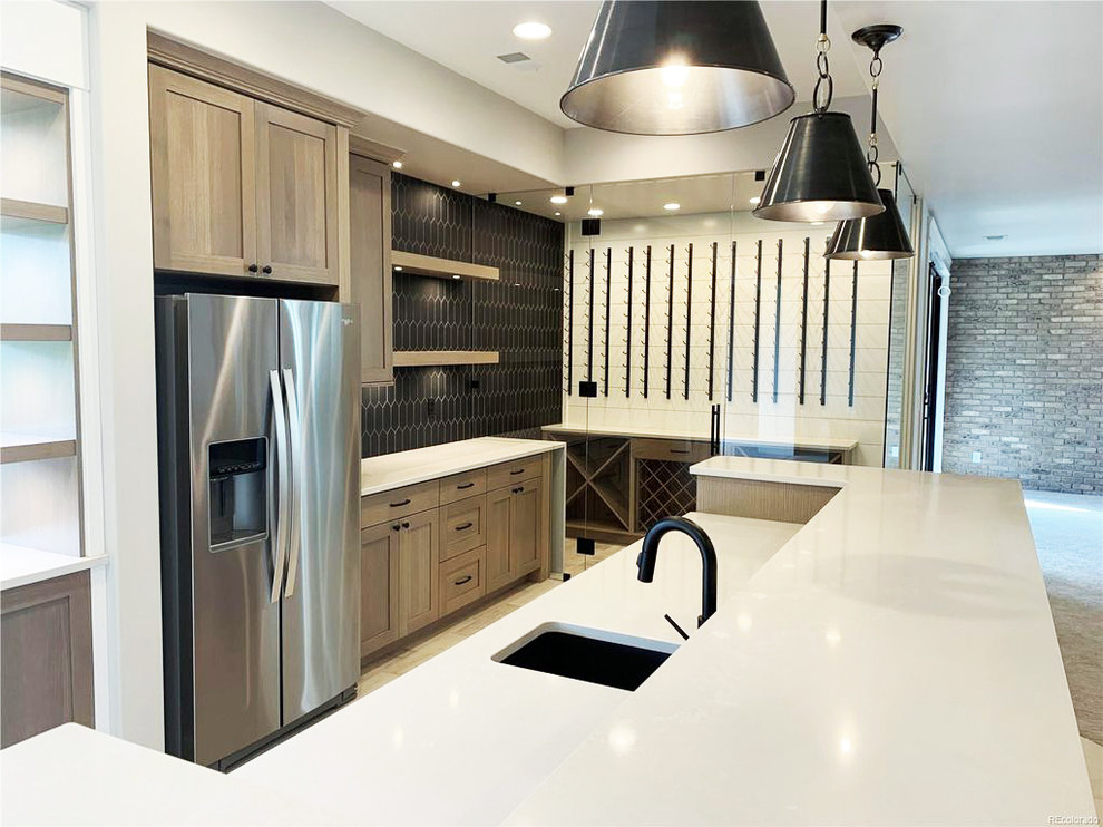 This is an example of a farmhouse kitchen in Denver with ceramic flooring and beige floors.