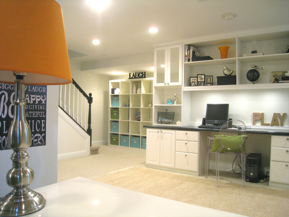 Example of a transitional beige floor basement design in Chicago